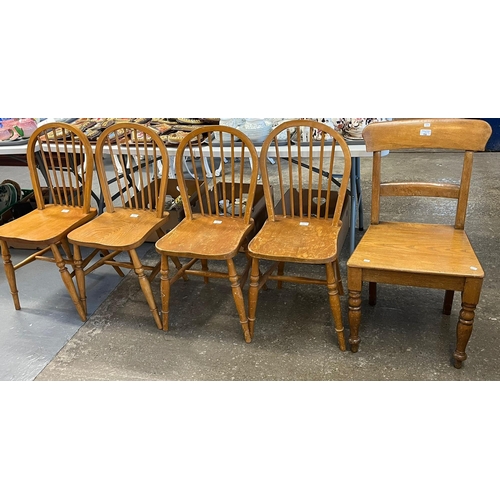 511 - Group of eight assorted kitchen chairs to include three stained wheel back chairs, set of four ash e... 