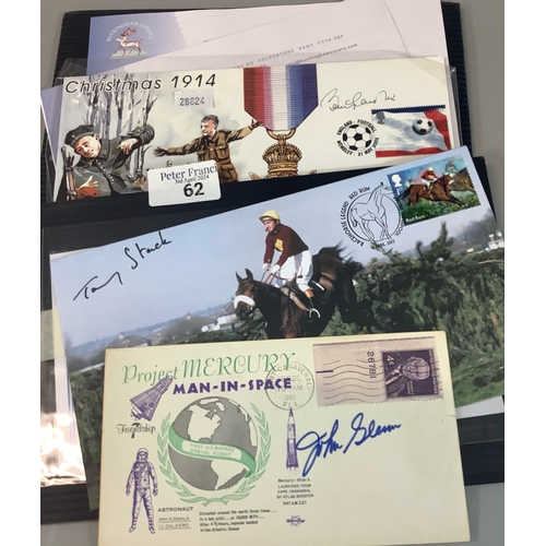 62 - Three signed covers. Red Rum Jockey Tommy Stack, Astronaut John Glenn and Footballer Sir Bobby Charl... 