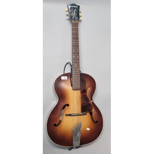 64 - Hofner 'Compensator' acoustic six string guitar with sunburst body, registration 851997, in soft cas... 