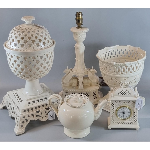 69 - Collection of Royal Creamware items to include: mantle clock, table lamp decorated with griffins, ba... 