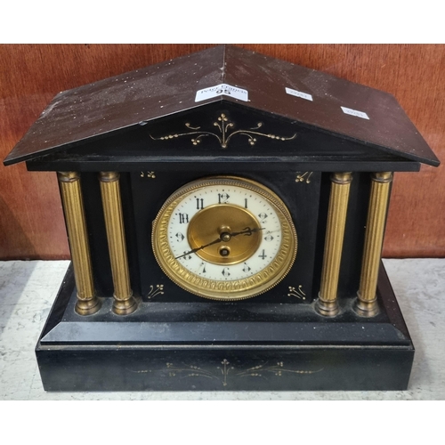 95 - 19th century black slate architectural single train mantle clock with brass pillar mounts and cerami... 