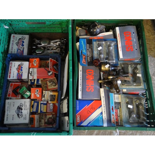 415 - Two crates of automobilia to include: Rob Hunter dry charge batteries, Lucas contact set, toggle swi... 