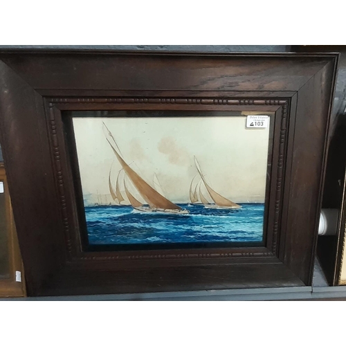 103 - F. Fissi, sailing boats at sea with distant vessels.  26x36cm approx.  In oak frame, glazed.   (B.P.... 