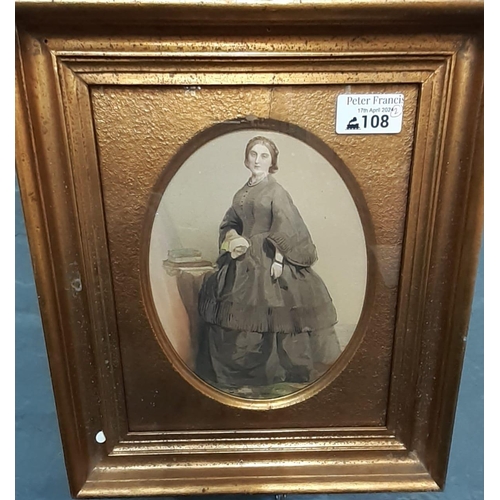 108 - British School (19th century), full length portrait of a lady.  Watercolours.  Oval, 19x15cm approx.... 