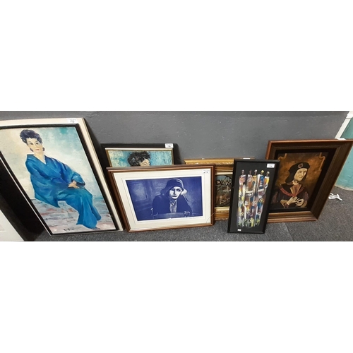 116 - Group of assorted prints and paintings to include: two portraits signed Robin, limited edition colou... 