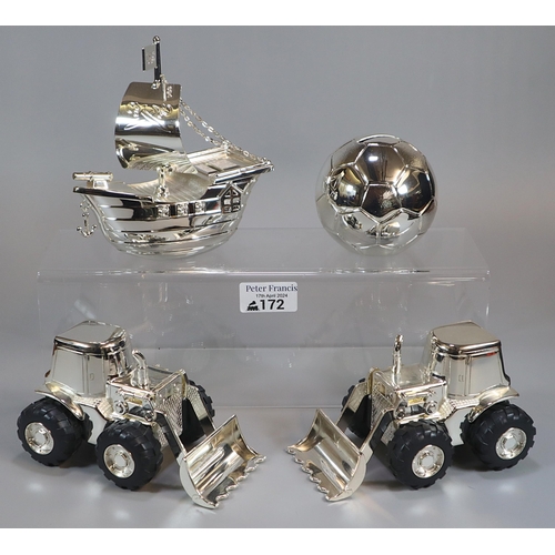 172 - Four silver plated money boxes in the form of two digger tractors, a pirate ship and a football.  (B... 