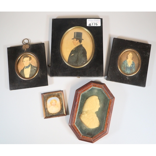 176 - Collection of assorted portrait miniatures and silhouettes to include: pair early 19th century portr... 