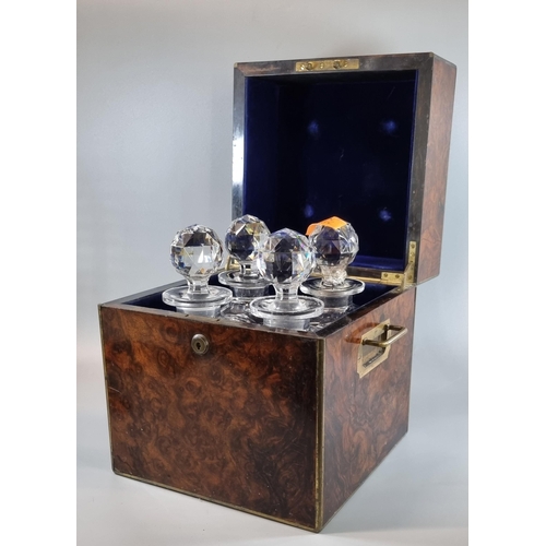 18 - 19th century Burr Maple decanter box, of square form with brass inlay and brass recessed handles, th... 
