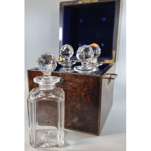 18 - 19th century Burr Maple decanter box, of square form with brass inlay and brass recessed handles, th... 