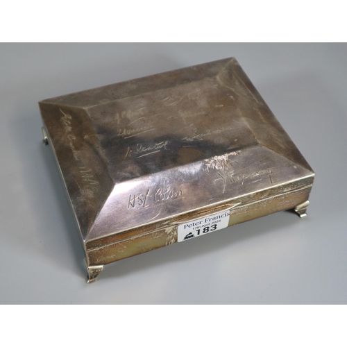 183 - George V silver sarcophagus shaped presentation cigar box with facsimile signatures, by Harman Broth... 