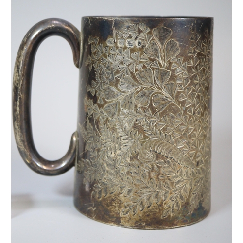 186 - Late Victorian silver straight sided tankard with engraved foliate and fern decoration by John Round... 