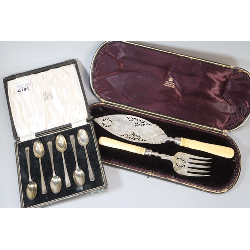 188 - Set of six silver teaspoons in fitted case, 2.5 troy ounces together with a cased silver plated fish... 