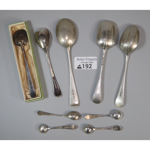 192 - Collection of silver and silver plated spoons. 2.7 troy oz approx. (B.P. 21% + VAT)