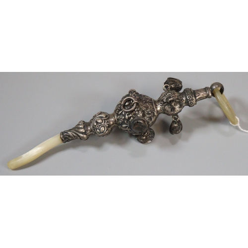 198 - Edwardian silver babies rattle with teethers and bells. (B.P. 21% + VAT)