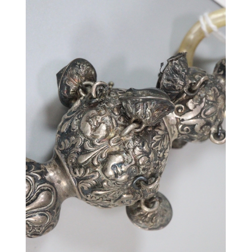 198 - Edwardian silver babies rattle with teethers and bells. (B.P. 21% + VAT)