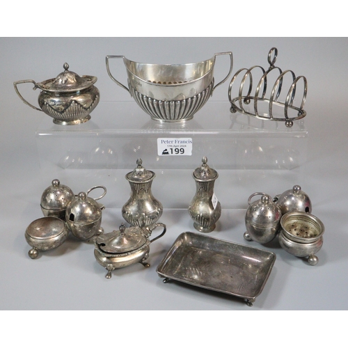 199 - Collection of mainly silver items to include boat shaped two handled sucrier, condiments, card tray ... 