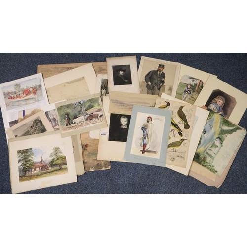 201 - Folio of unframed watercolours, various, appearing to be mainly from the 19th century, some prints, ... 