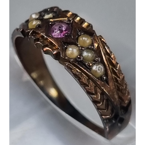 202 - 9ct gold pearl and pink stone dress ring. 2g approx.  Ring size L. (B.P. 21% + VAT)