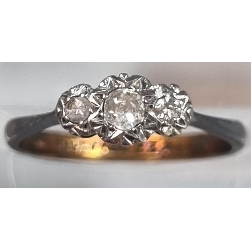 214 - 9ct gold three stone diamond ring.  1.4g approx. Size K1/2.  (B.P. 21% + VAT)