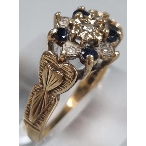 221 - 9ct gold diamond and sapphire multi-cluster ring.  3g approx.  Size L1/2.  (B.P. 21% + VAT)