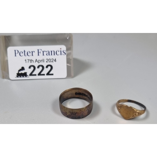 222 - 9ct gold wedding band.  4.1g approx.  Size N, together with a yellow metal heart signet ring.  1.3g ... 