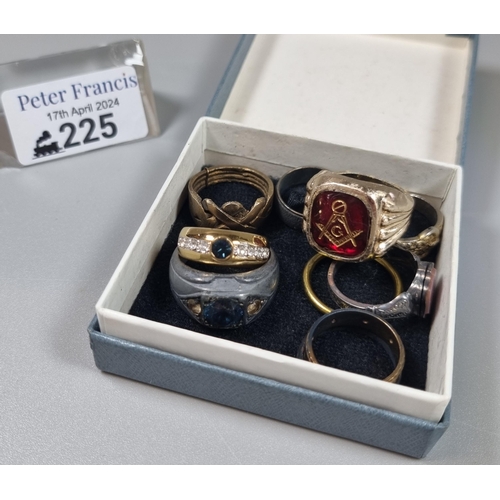 225 - Collection of rings: costume, silver, Masonic design, 9ct gold and a 9ct gold and diamond eternity r... 