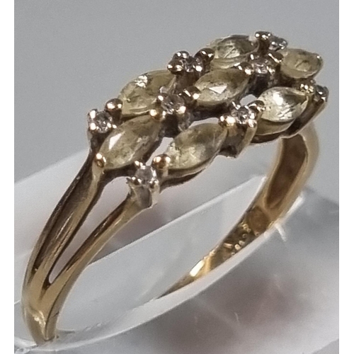 227 - 9ct gold coloured stone and diamond ring.  1.7g approx. Size O1/2.  (B.P. 21% + VAT)