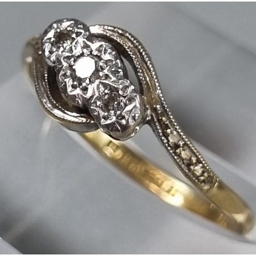 230 - 18ct gold and platinum twist shank three stone diamond ring.  2.4g approx.  Size L1/2.  (B.P. 21% + ... 