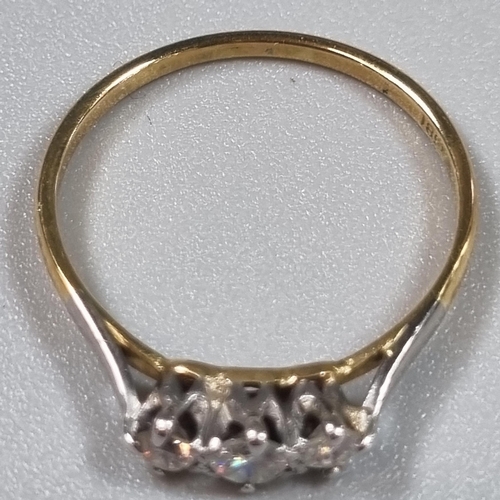 231 - 18ct gold diamond three stone ring.  1.7g approx.  Size N1/2.  (B.P. 21% + VAT)