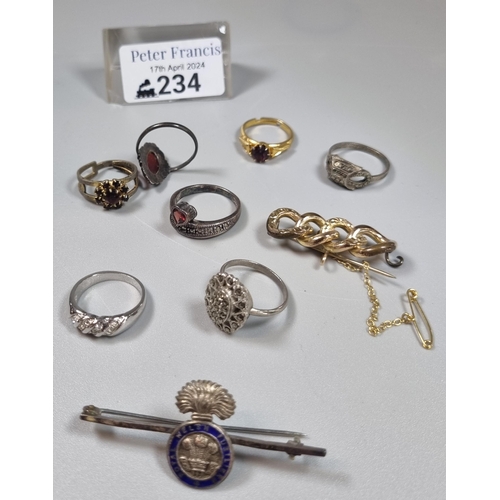 234 - Collection of silver and other dress rings together with a silver and enamel Royal Welch Fusiliers b... 