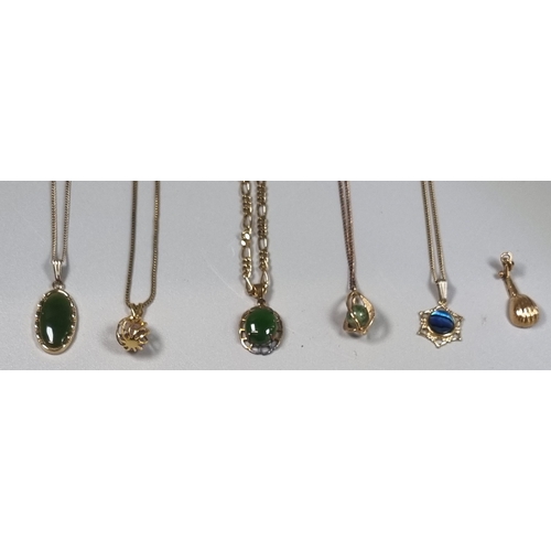 235 - Collection of gold plated and yellow metal chains with hardstone pendants, yellow metal mandolin cha... 