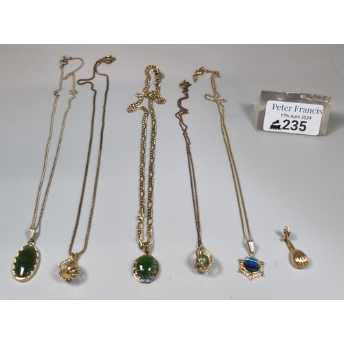 235 - Collection of gold plated and yellow metal chains with hardstone pendants, yellow metal mandolin cha... 