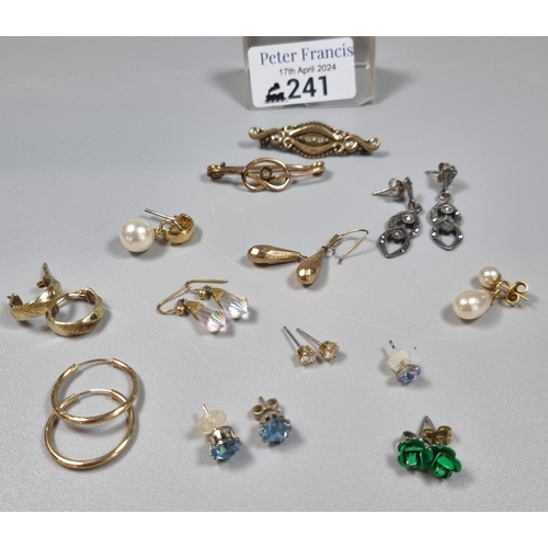 241 - Collection of 9ct gold, rolled gold and other earrings, bar brooch etc.  (B.P. 21% + VAT)