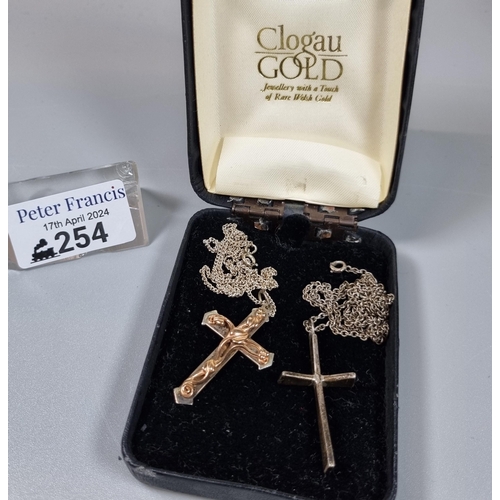 254 - Clogau rose gold and silver organic design crucifix pendant together with a silver crucifix pendant ... 