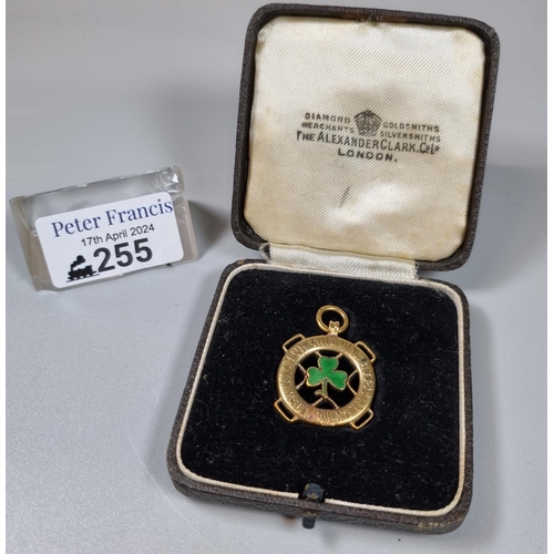 255 - 9ct gold and enamel cased pendant/fob marked 'Irish Amateur Swimming Association'.  8.6g approx.  (B... 