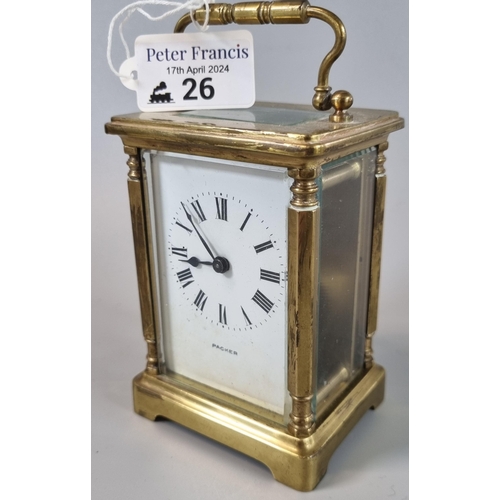 26 - Brass carriage clock with Roman numeral face, marked 'Packer'.  With key.  (B.P. 21% + VAT)
