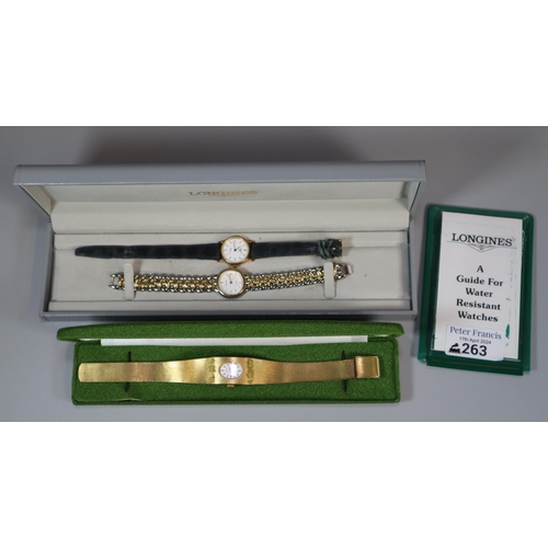 263 - Longines ladies' 9ct gold wristwatch on leather strap, in Longines case, together with an Accurist s... 