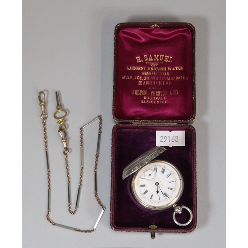 268 - Silver keyless open faced fob watch with Roman Numerals and seconds dial in fitted case.  47g approx... 