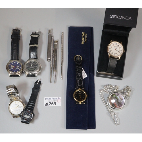 269 - Assorted gentleman's watches including: Lorus, Rip Curl etc.  Flying Scotsman commemorative pocket w... 