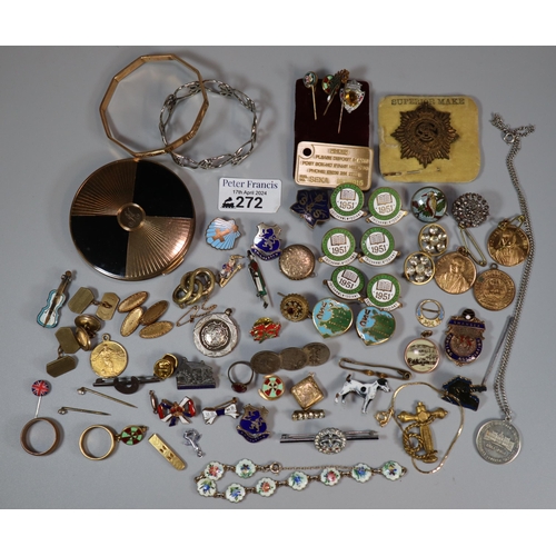 272 - Plastic tub of various jewellery to include: powder compact, rolled gold bracelet, brass wedding ban... 