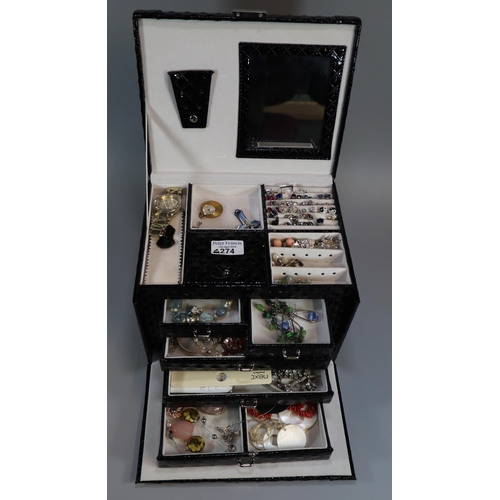 274 - Modern jewellery box comprising collection of costume and other jewellery to include: earrings, Watc... 