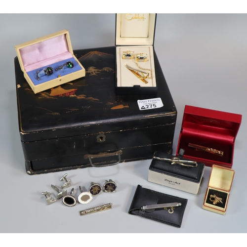 275 - Japanese lacquered workbox, the interior revealing assorted items including: various cufflinks in pa... 