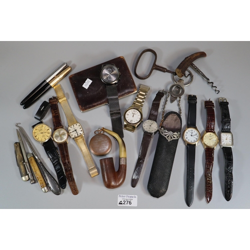 276 - Tub of oddments to include: various watches: Sekonda, Ingersoll, Rotary etc. vintage corkscrews, spe... 