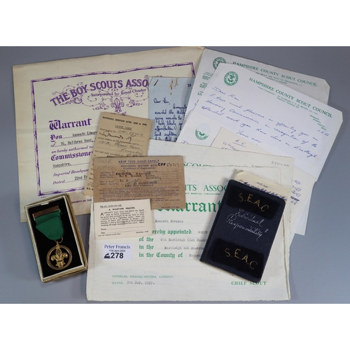 278 - Box of Boy Scout ephemera to include: medal, warrants, S.A.E.A.C. shoulder pad etc.   (B.P. 21% + VA... 