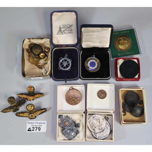 279 - Box of silver fobs and other medals, some sporting, Tenby Museum solid bronze medal/coin, RAF badges... 