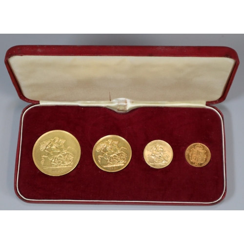 285 - Cased gold Victorian coin collection, all dated 1887 to include: Half and Full Sovereign, Two Pound ...