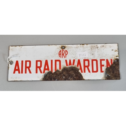 29 - WWII enamel door sign.  'ARP, Air Raid Warden'.  Red text on a white ground.  23x7.5cm approx.  (B.P... 