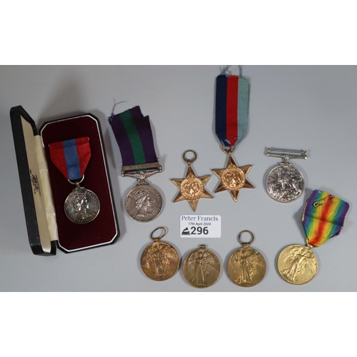 296 - Group of assorted medals to include: three WWI Victory Medals awarded to Able Seaman W Charles, Roya... 