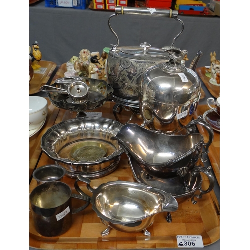 306 - Tray of metalware, mostly silver plate to include: spirit kettle on stand, Walker & Hall egg crock w... 