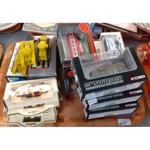 327 - Two trays of mainly boxed diecast and other model vehicles to include: Corgi 60th Anniversary Commem... 